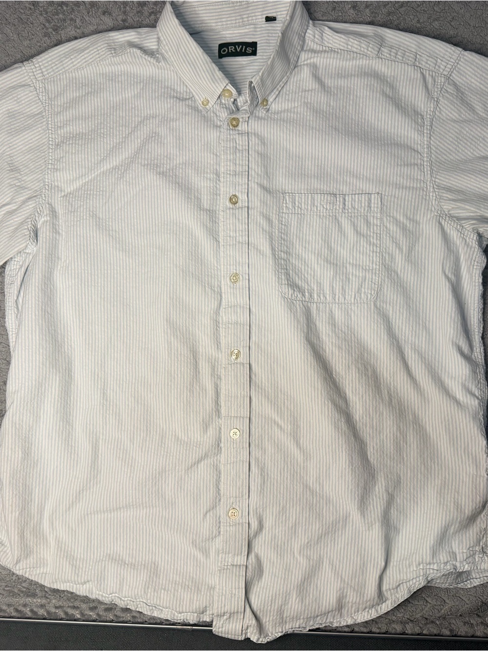 Orvis Men's White Button-Down Shirt with Light Blue Pinstripes